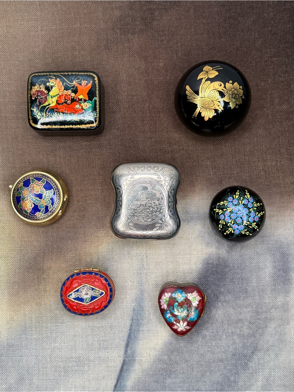 Bundle of Seven Small Trinket or Gift Boxes with Bird Butterfly Hearts Flowers